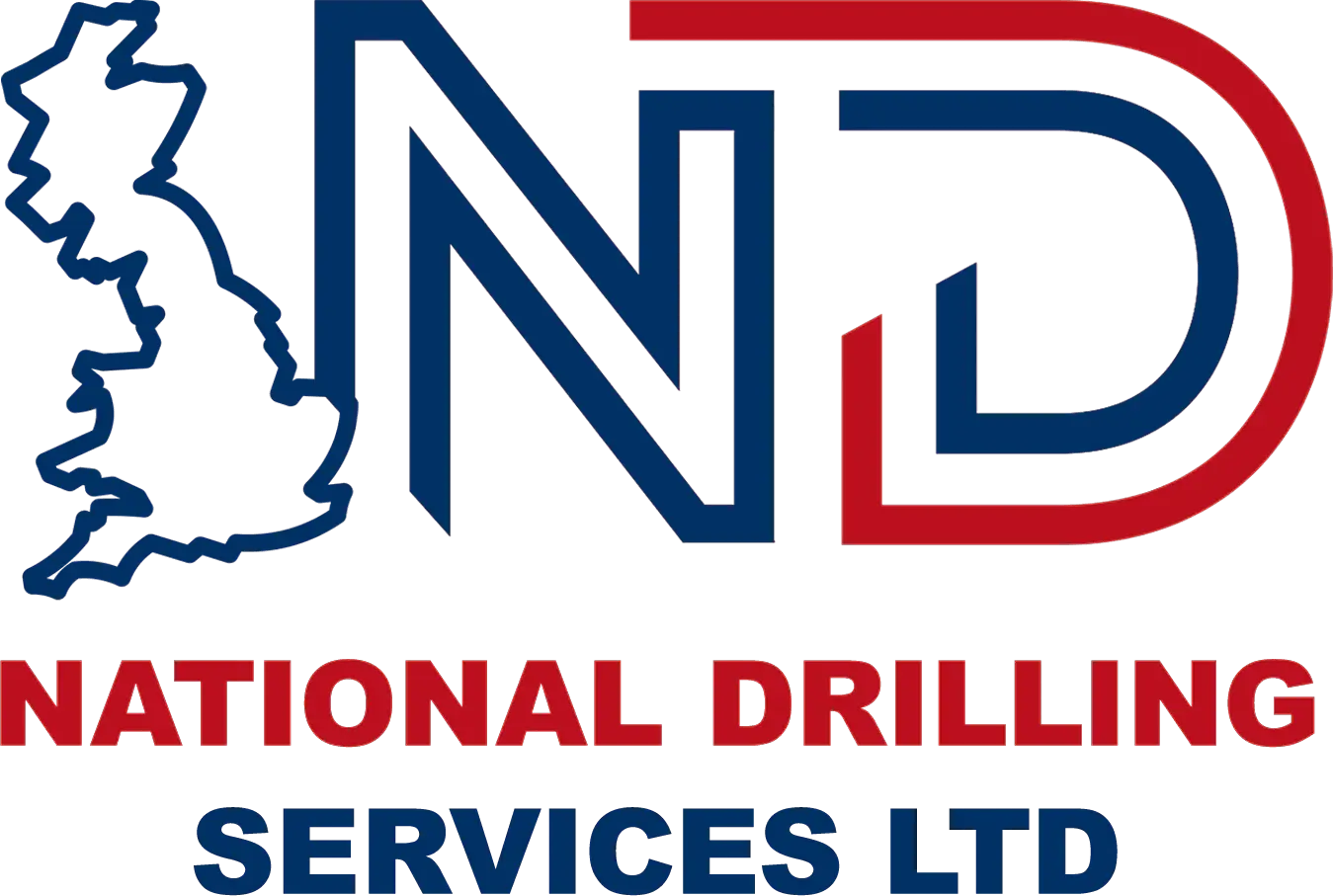 National Drilling Services logo featuring the outline of the UK and the initials "ND" in red and blue, representing expertise in concrete cutting and diamond wire sawing.