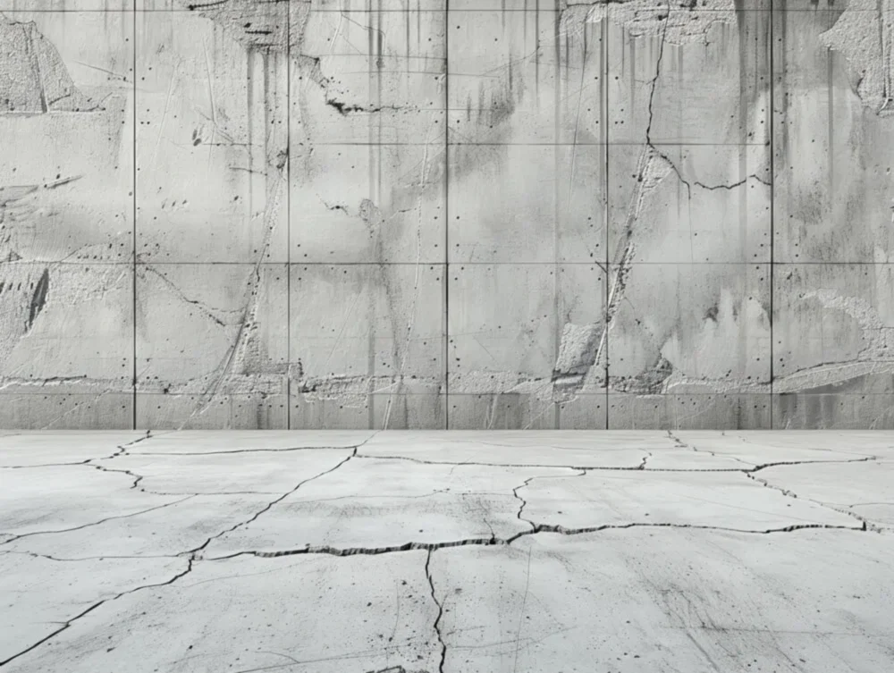 Concrete wall with visible cracks and textured surface, illustrating the need for concrete bursting services by National Drilling Services for effective demolition and removal solutions.