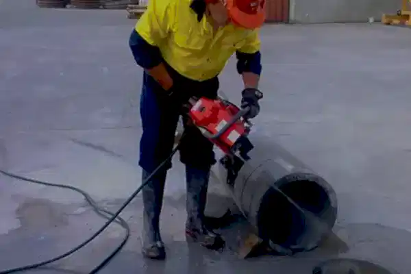 Worker using a concrete chainsaw on a cylindrical concrete core, demonstrating concrete cutting services in a construction setting.