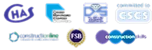 Logos of health and safety accreditations and memberships for National Drilling Services, emphasizing commitment to safety standards in drilling operations.