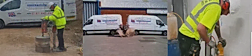 National Drilling Services technician using concrete drilling equipment outdoors, with branded vans in the background, showcasing expertise in tungsten concrete drilling.