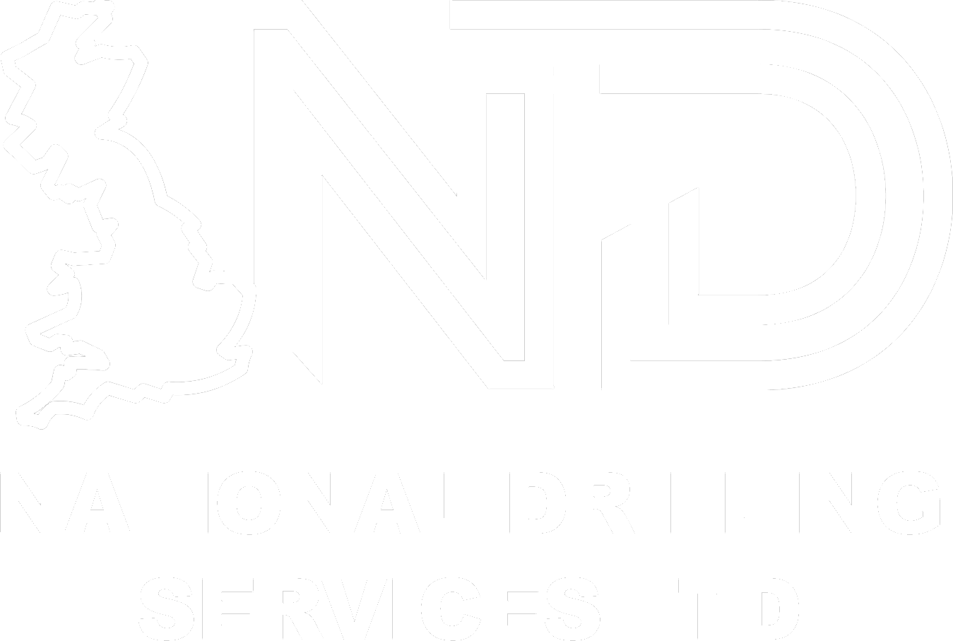 White PNG logo of National Drilling Services, representing expertise in concrete cutting and diamond wire sawing techniques.