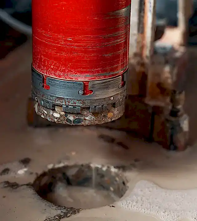 Core drilling tool in action on a concrete surface, showcasing the drilling process and surrounding slurry, relevant to commercial drilling and concrete contracting services by National Drilling Services.