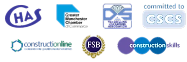 Logos of industry certifications and affiliations for National Drilling Services, including CHAS, Greater Manchester Chamber of Commerce, The Drilling and Sawing Association, CSCS, Constructionline, FSB, and Construction Skills, highlighting commitment to safety and professionalism in concrete cutting services.