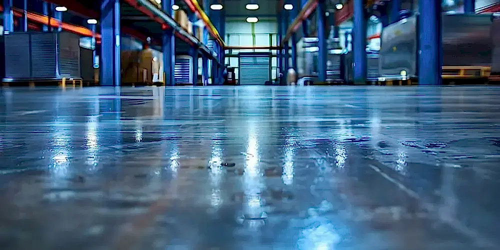Glossy concrete floor in a warehouse setting, emphasizing durability and precision, relevant to National Drilling Services' expertise in concrete repair and drilling solutions.