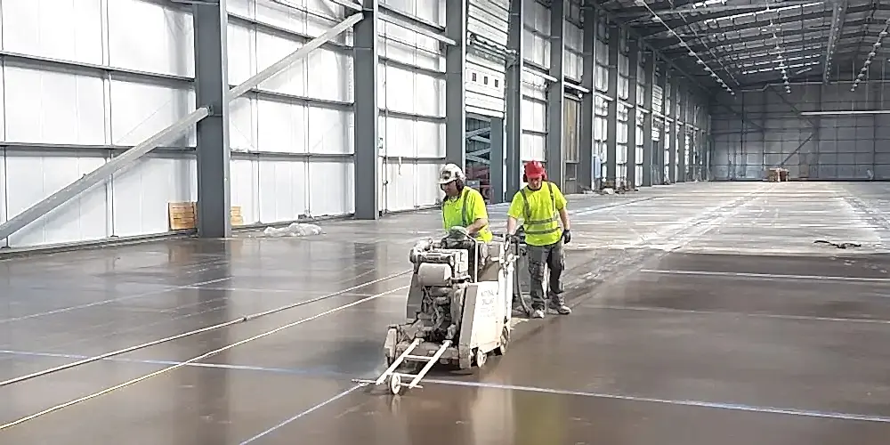 Workers operating a diamond floor saw in a large industrial space, showcasing precision drilling services for construction and engineering projects.